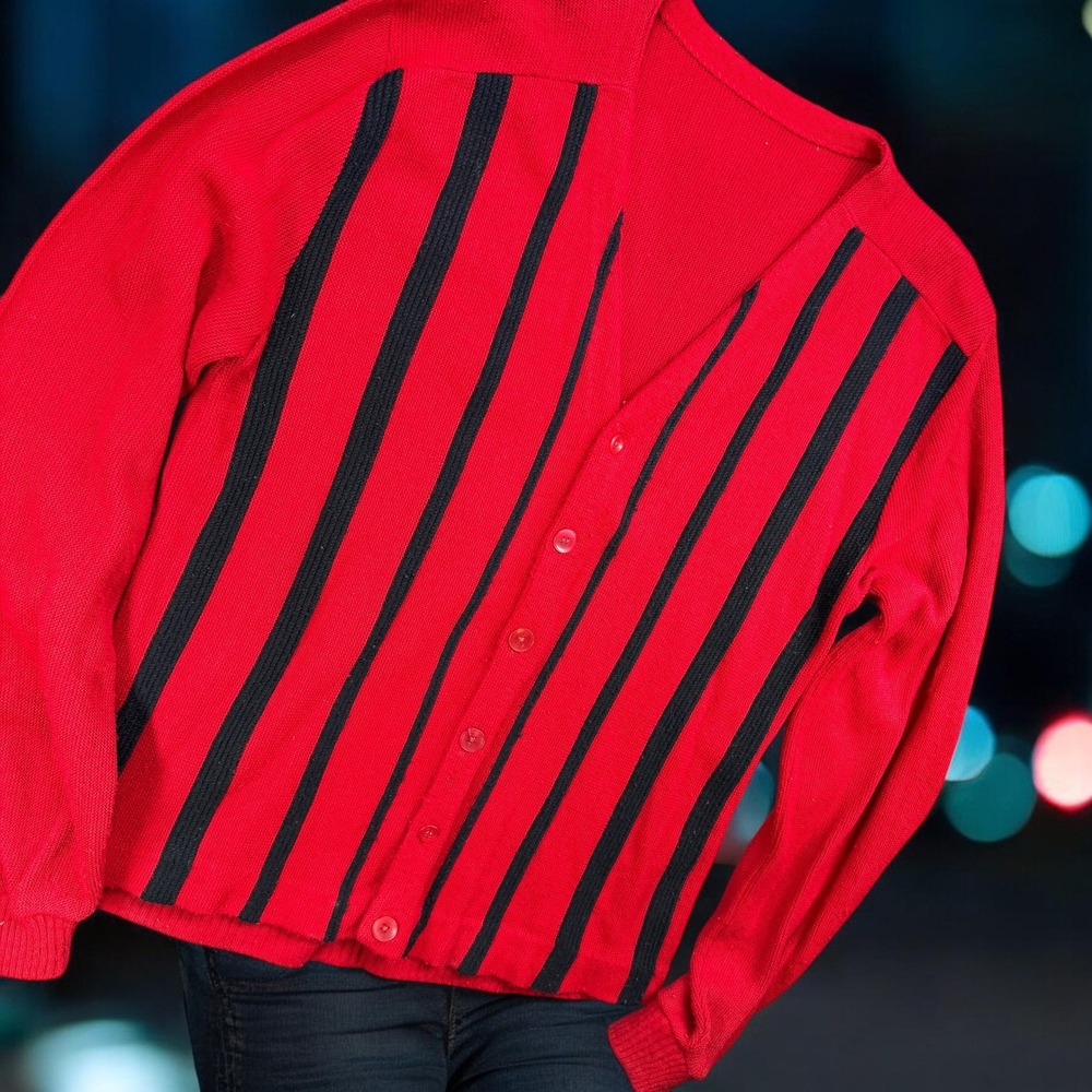 Vintage‎ 60s Cardigan Men M Red Stripe Retro Rockabilly Mod White Stripes Band